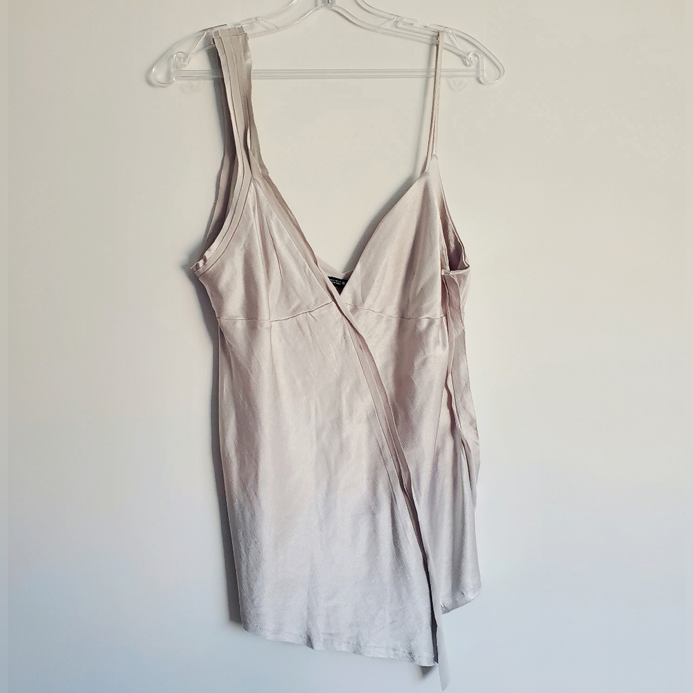 ZARA Silver Satin Camisole Top Asymmetrical Frayed Trim Strappy Sexy Fairy M NEW